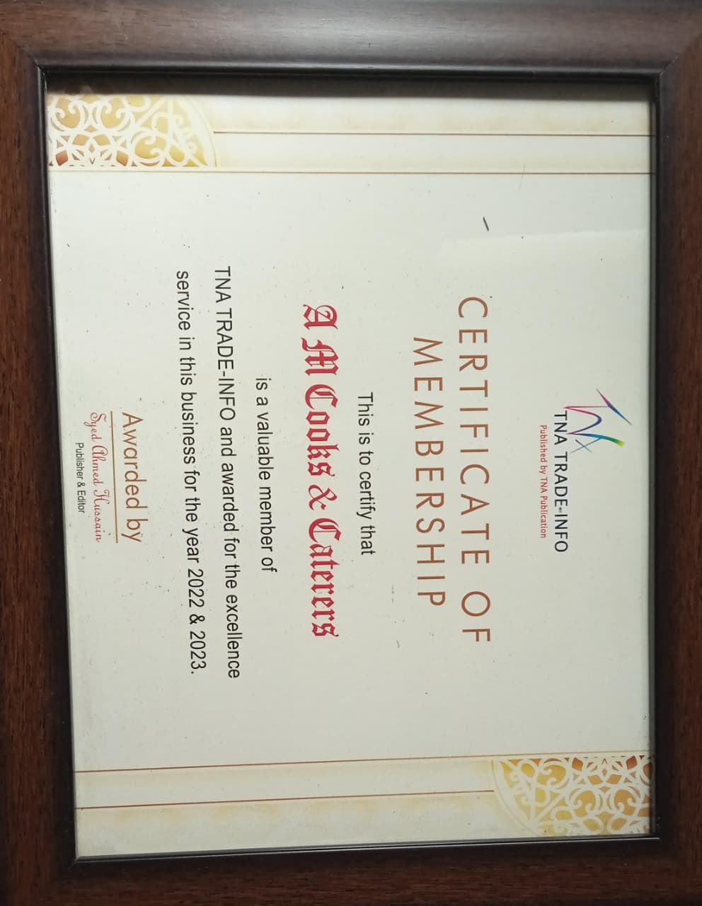 TNA Trade-Info Membership Certificate